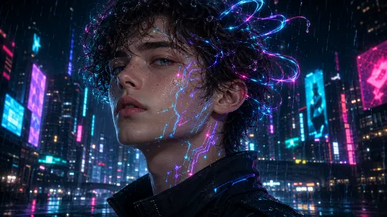 Young cyberpunk character with luminous facial circuits and wet curly hair against a blurred neon city.