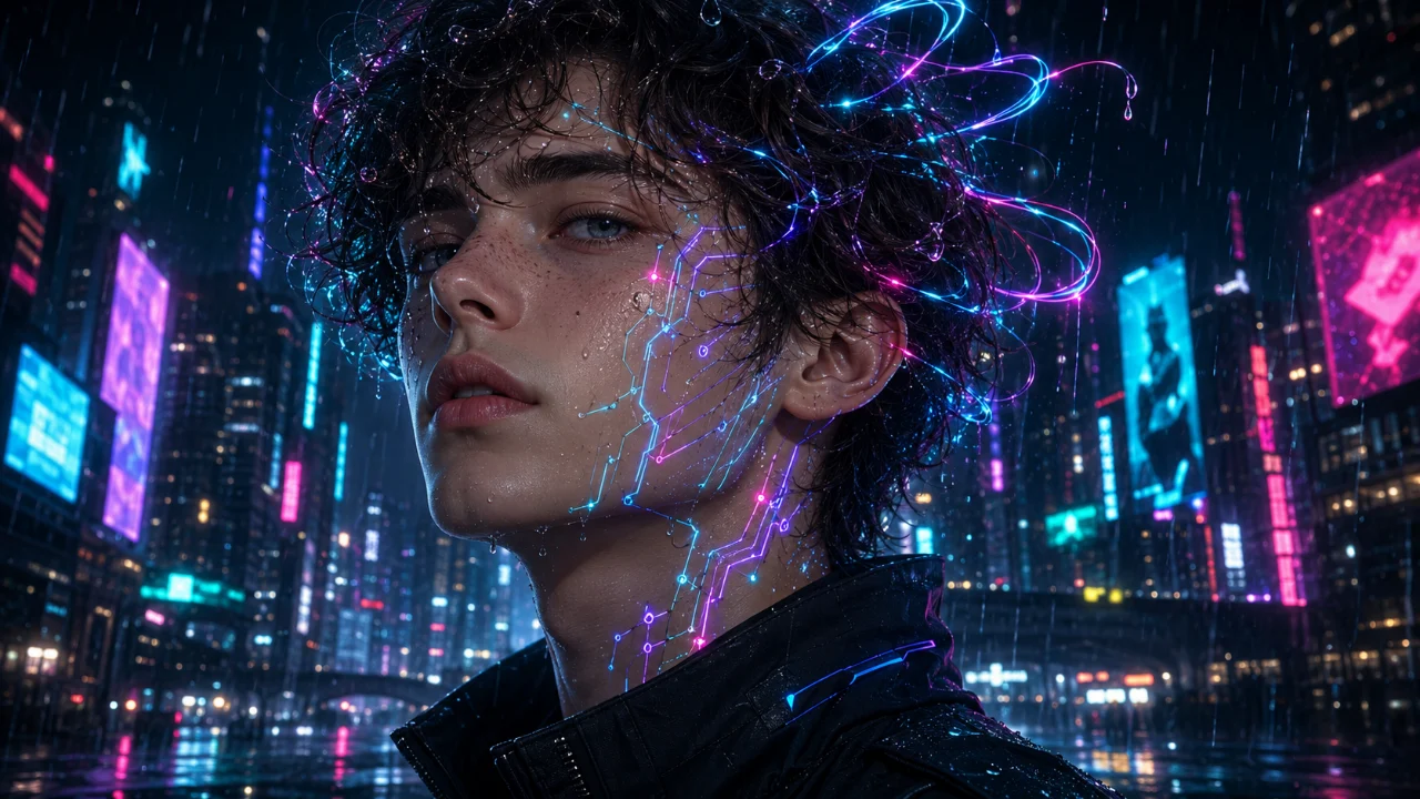 Young cyberpunk character with luminous facial circuits and wet curly hair against a blurred neon city.