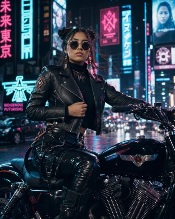 Vertical three-quarter view of a woman in glossy black moto fashion with reflective trousers and round sunglasses, seated on a motorcycle under neon city lights.