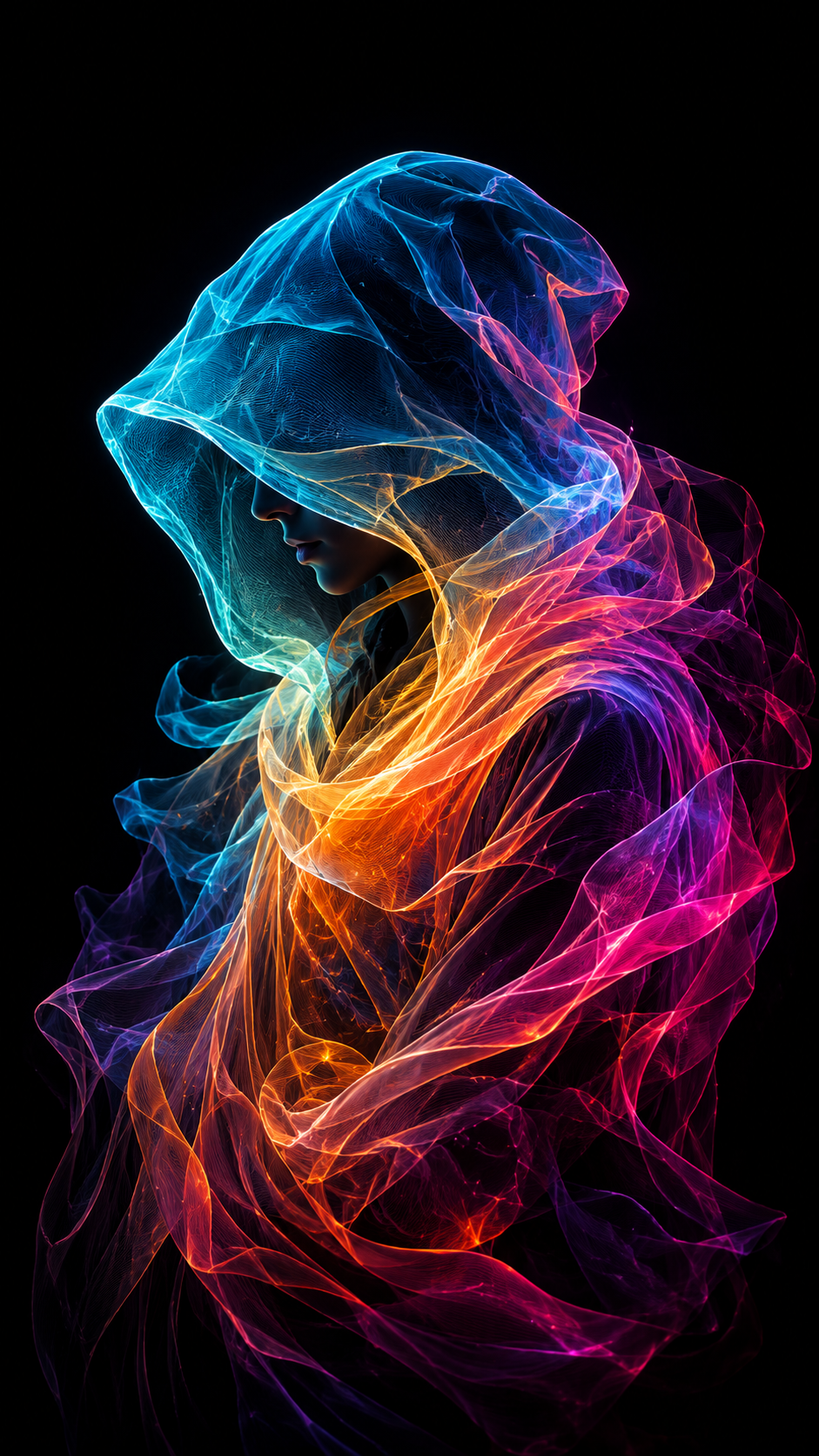 Neon hooded figure in side profile surrounded by flowing translucent cyan, magenta, orange, and yellow light.