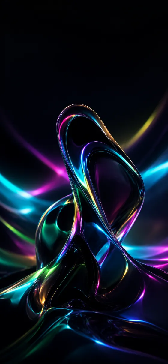 Glossy black liquid-glass abstract form with neon rainbow refractions on a deep black iPhone wallpaper background.