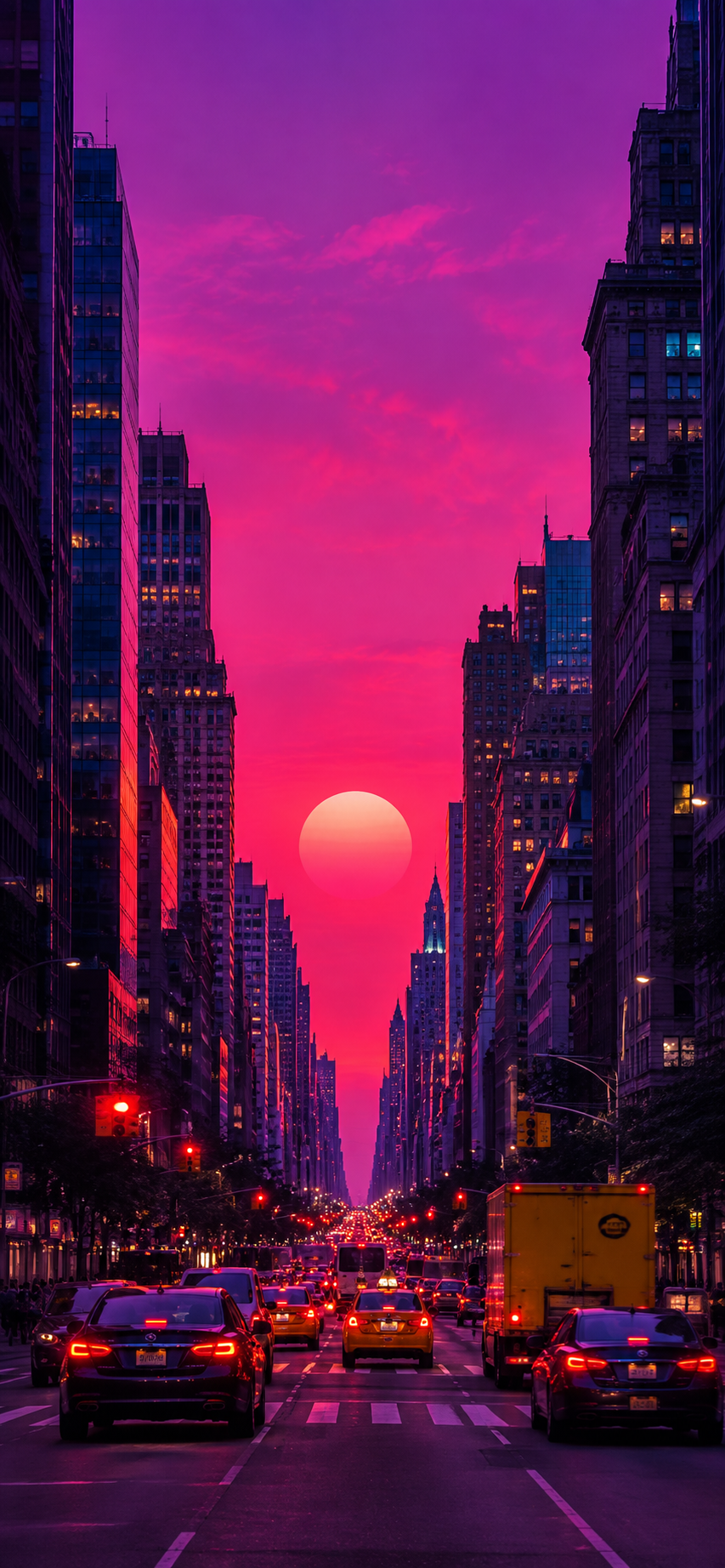 Tall city avenue at dusk with a glowing pink sun, magenta sky, high-rise buildings, and busy traffic.