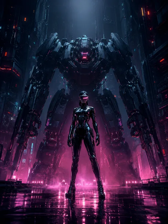 Chrome cyber figure standing before a giant neon mech in a dark futuristic industrial hangar with wet reflective floor and volumetric fog.