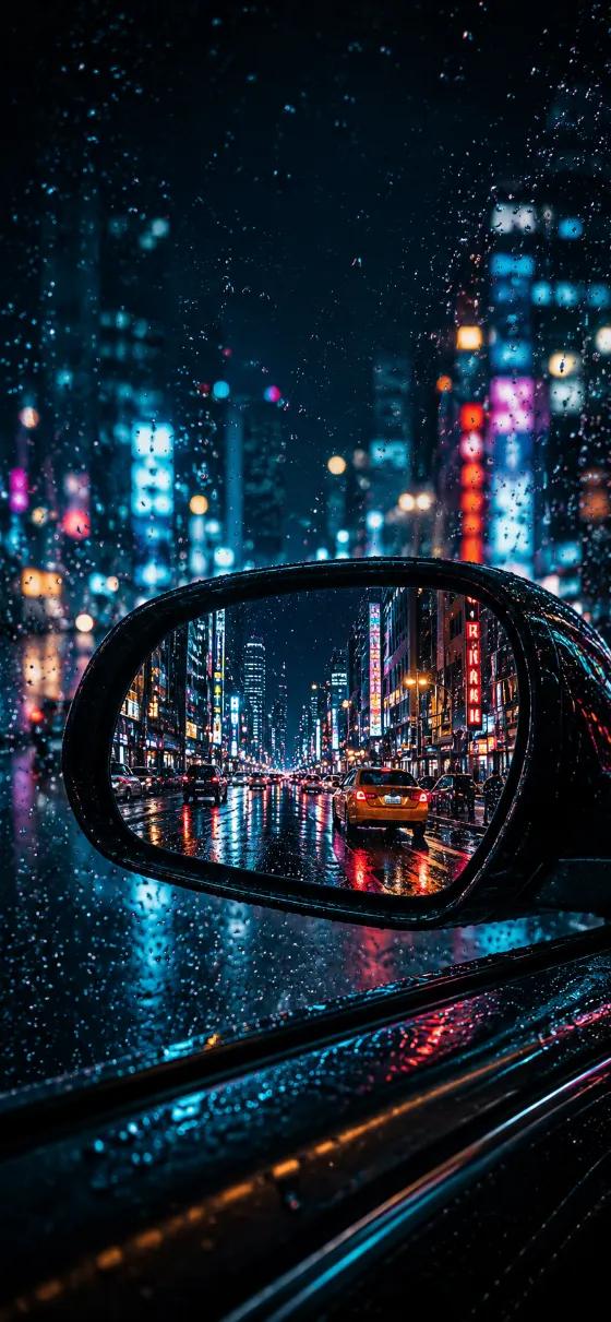 Rain-covered car side mirror reflecting a colorful neon city street at night with blurred urban lights.