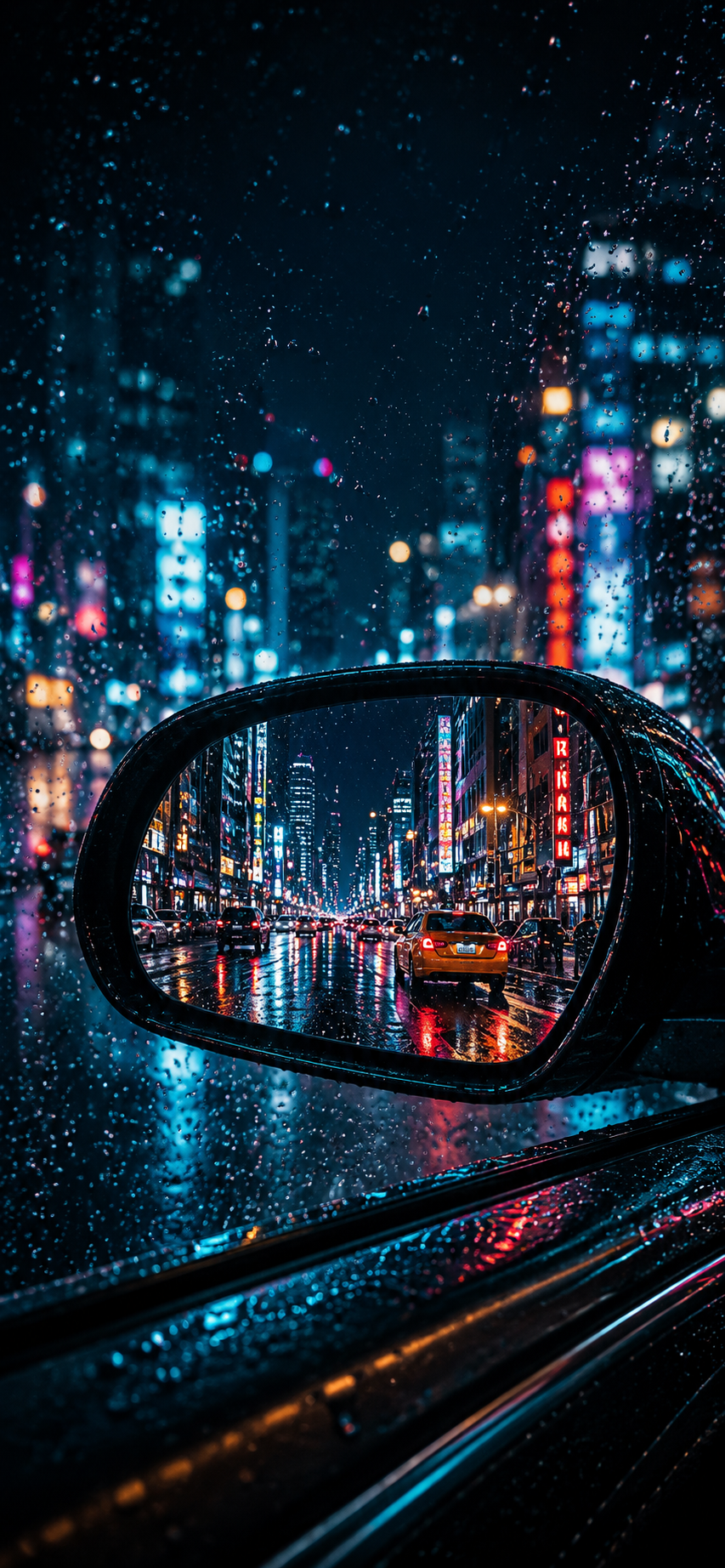 Rain-covered car side mirror reflecting a colorful neon city street at night with blurred urban lights.