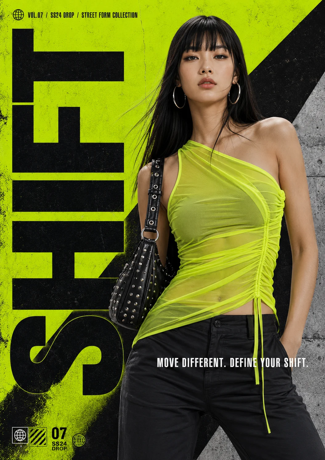 Streetwear fashion poster with neon lime top, oversized SHIFT typography, black studded bag, and grunge graphic background.
