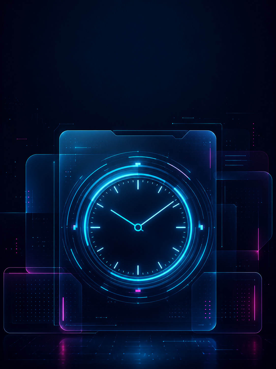 Futuristic dark iPad wallpaper with a glowing cyan circular tech interface and magenta digital accents.