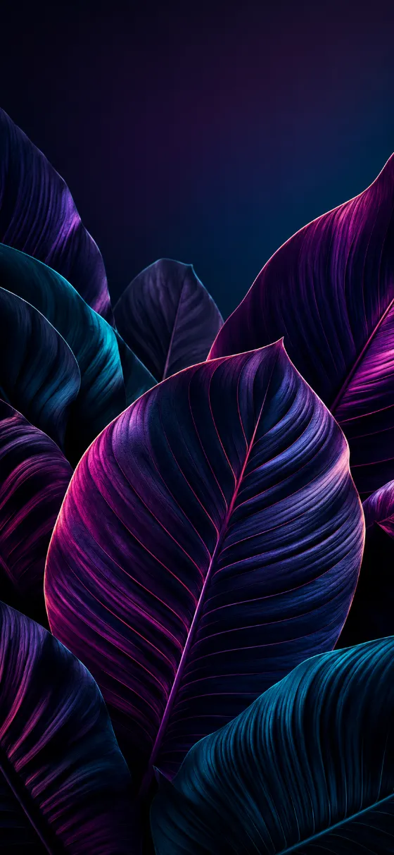 Dark iPhone wallpaper with neon magenta and cyan tropical leaves, visible veins, and rich black shadows.