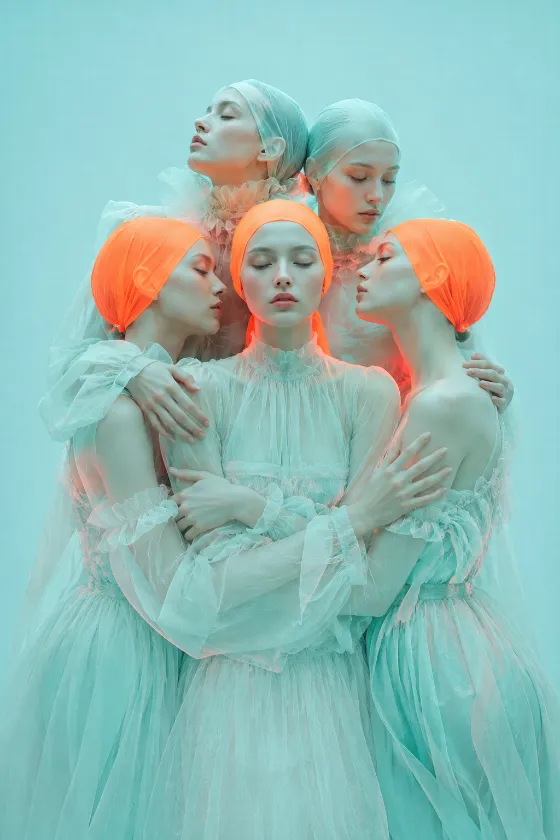 A centered group of five feminine figures wearing translucent mint gowns and bright orange head wraps forms a calm, layered human sculpture.
