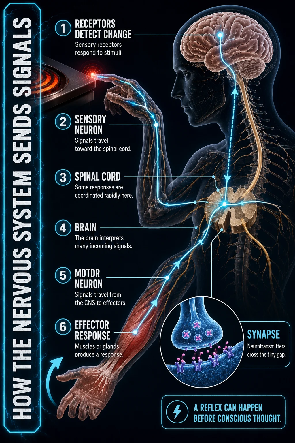 Educational reflex pathway diagram with a semi-transparent body, cyan nerve signals, spinal cord, brain, motor response, and synapse inset.