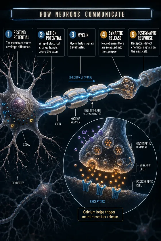 Educational neuron diagram showing the soma, myelinated axon, traveling signal, presynaptic terminal, synaptic gap, neurotransmitters, and postsynaptic receptors.