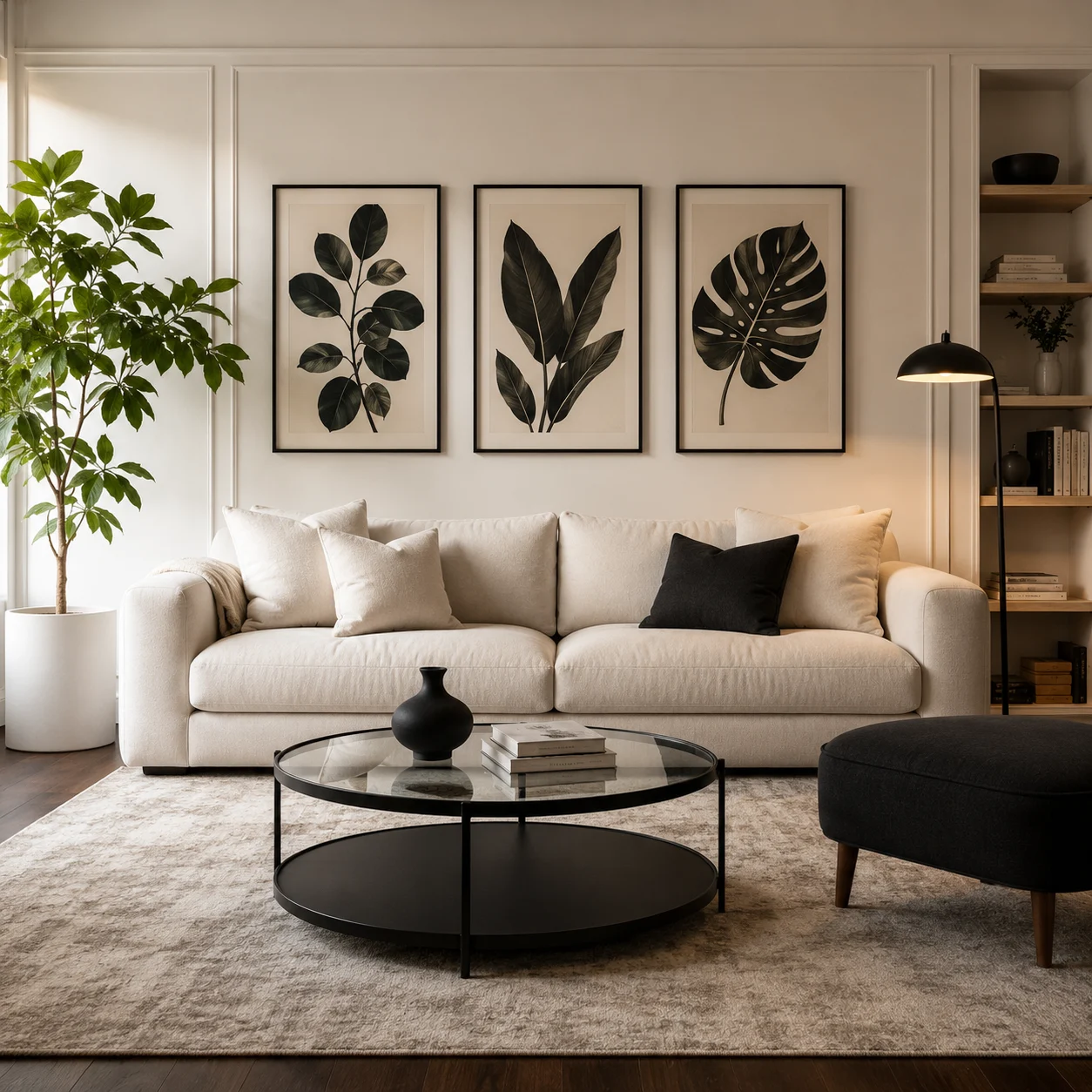 Contemporary living room with an off-white sofa, botanical wall art, black glass, pale rug, and green plant.