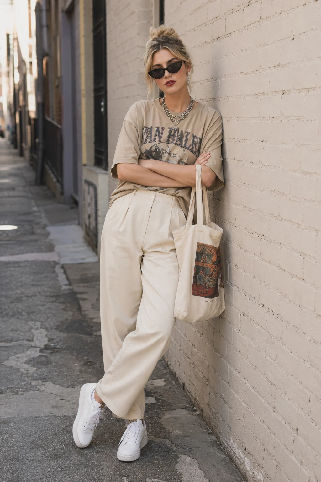 Full-length neutral street-style outfit with beige graphic tee, cream trousers, white sneakers, sunglasses, and canvas tote.