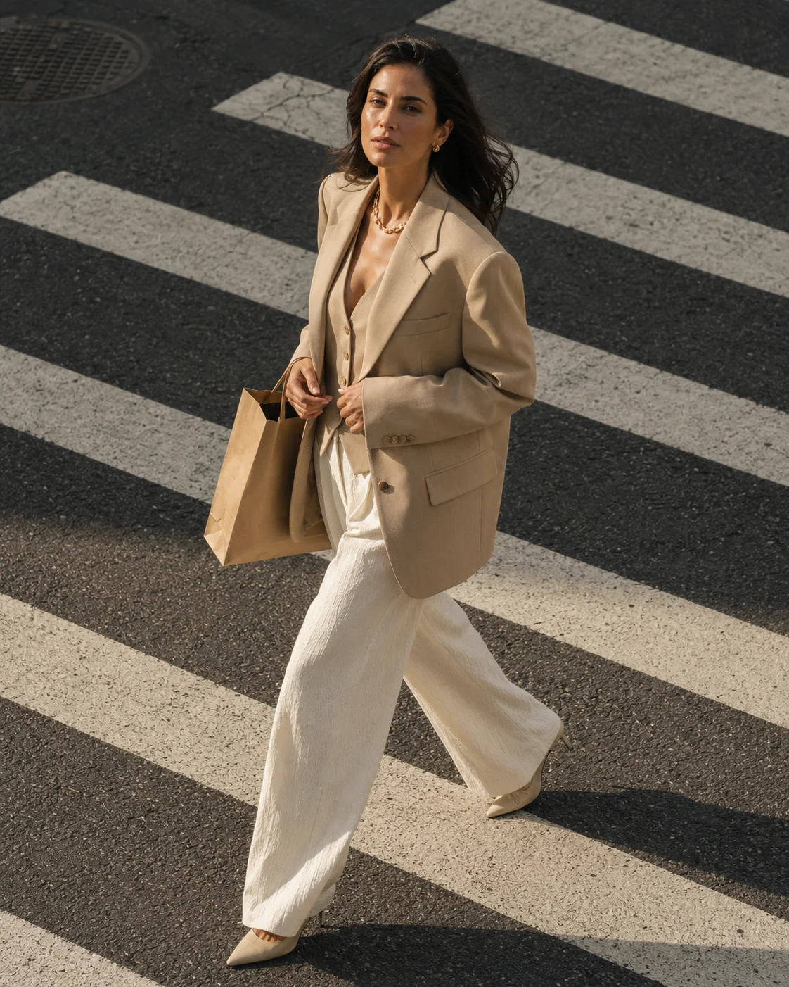 Fashion subject walking on a crosswalk in neutral contemporary tailoring with a beige blazer, ivory wide-leg trousers, pointed heels, and subtle jewelry.