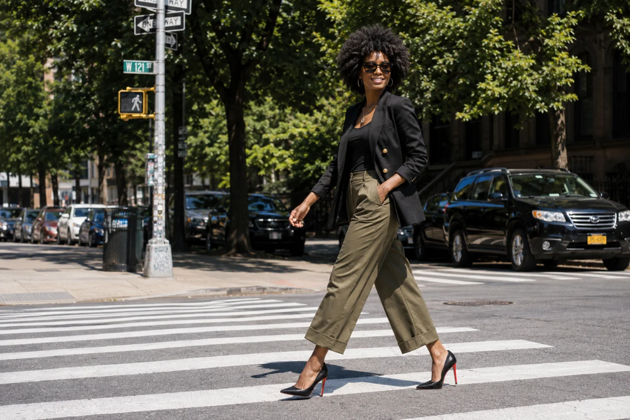 Street-style fashion portrait of a young Nigerian fashion subject walking across a crosswalk in a black blazer and olive cropped trousers.