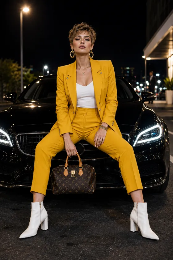 Young Celtic European woman in a mustard-yellow suit and white ankle boots seated on a black car at night holding a dark monogram handbag.