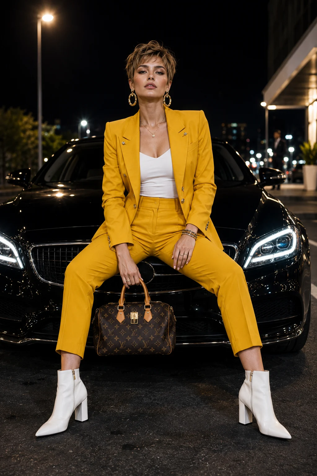 Young Celtic European woman in a mustard-yellow suit and white ankle boots seated on a black car at night holding a dark monogram handbag.