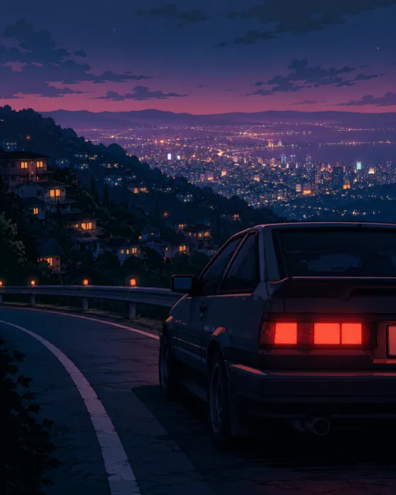 Cel-shaded night road illustration featuring a dark retro car, red taillights, and a glowing city skyline at dusk.
