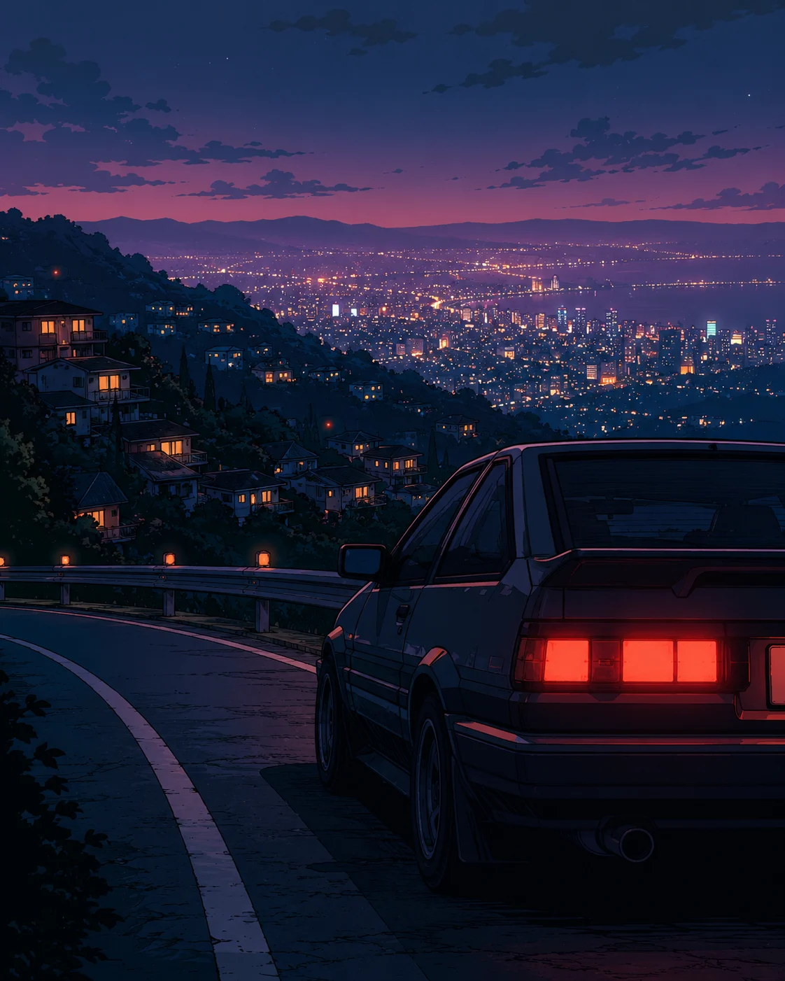 Cel-shaded night road illustration featuring a dark retro car, red taillights, and a glowing city skyline at dusk.