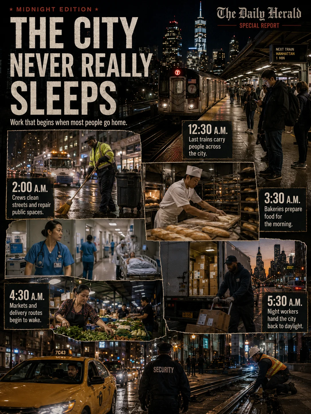 Vertical nocturnal city poster with street cleaners, bakery staff, hospital workers, rail crews, market vendors, taxi drivers, security staff, delivery teams, and five timestamps.
