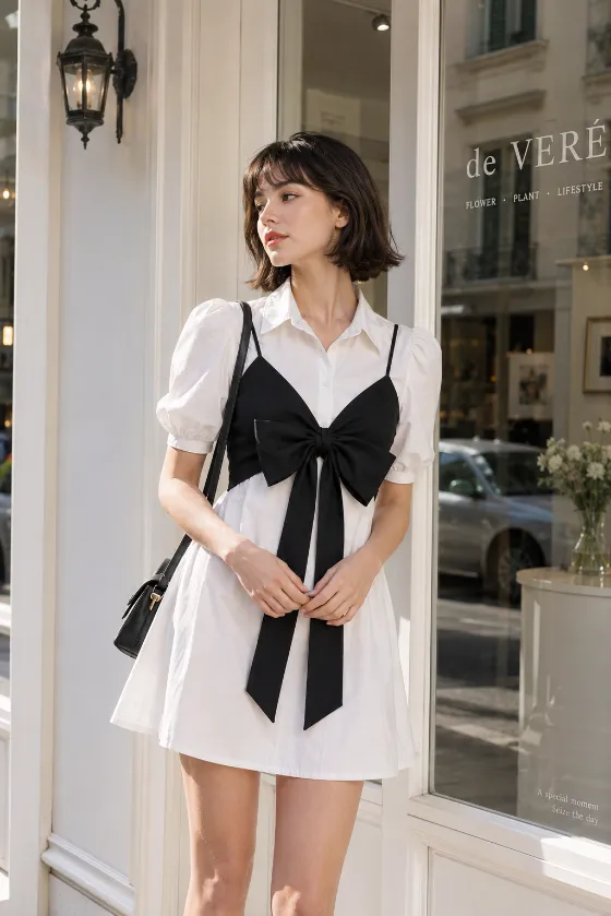 Young Northern European fashion subject with fair porcelain skin and a modern French bob standing beside a bright storefront window in a white puff-sleeve mini dress with a black oversized bow overlay.