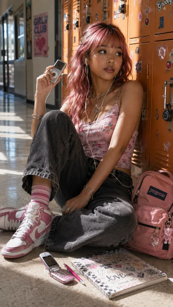 Seated hallway fashion portrait with pink hair, a floral top, loose gray jeans, wired earbuds and sticker-covered orange lockers.