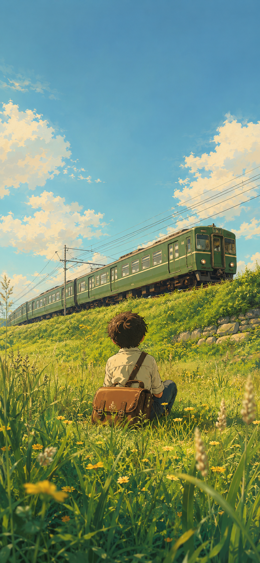 Illustrated child sitting in a grassy meadow with a brown satchel, watching a green commuter train pass under a bright blue sky with soft clouds.