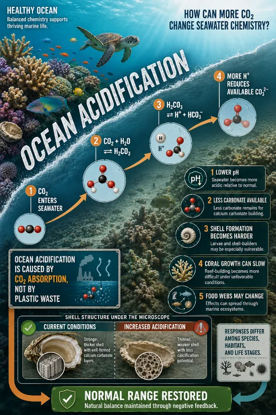 Educational underwater comparison poster with CO2 chemistry ribbon, lower pH, reduced carbonate, coral growth effects, shell comparison, and a marine ecosystem context.