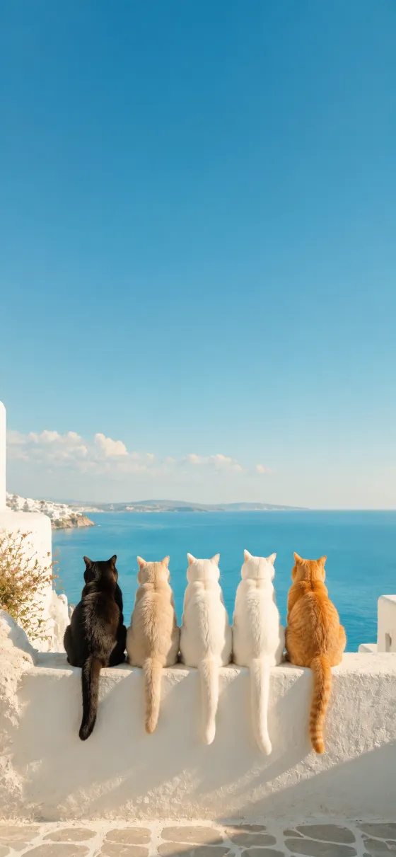 Five cats sitting on a white seaside while facing a calm blue ocean beneath a clear.