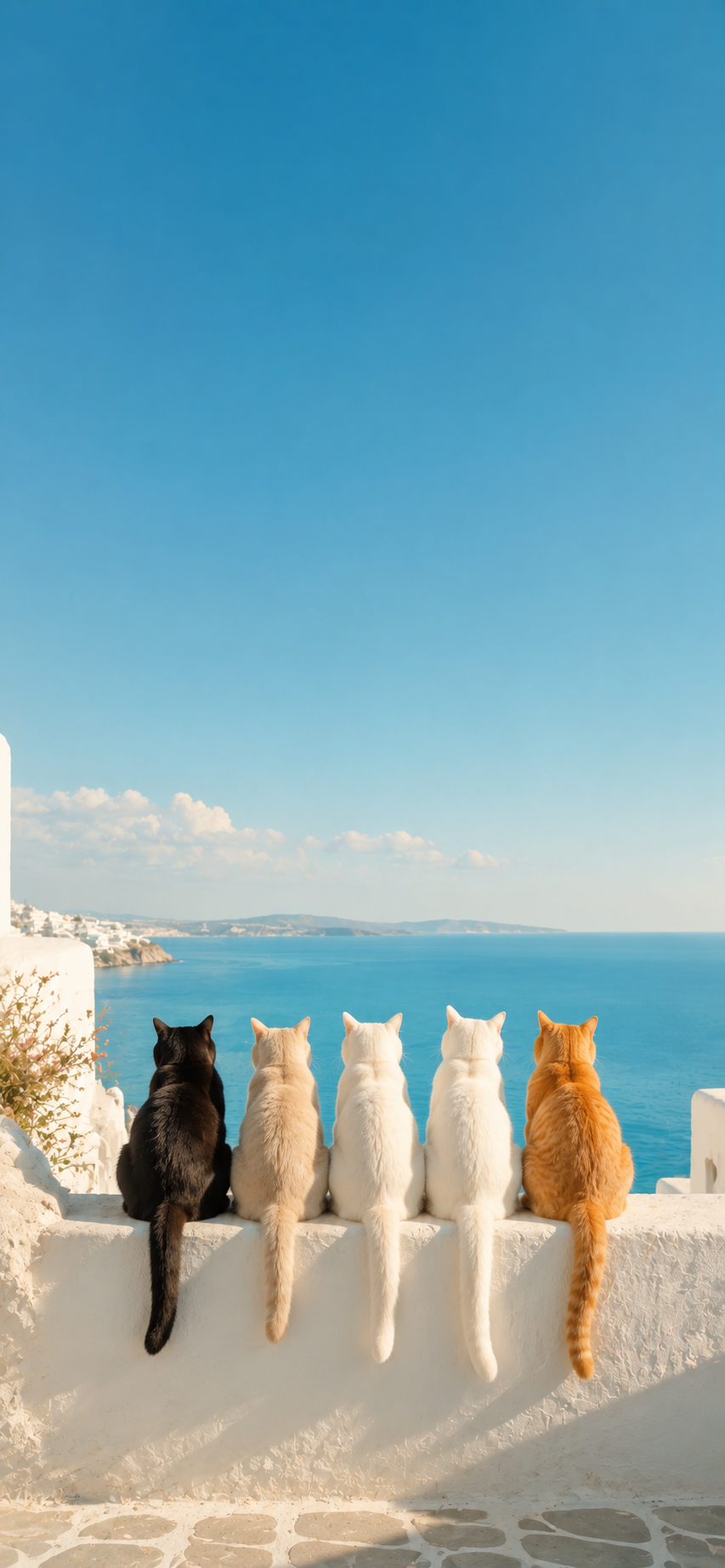 Five cats sitting on a white seaside while facing a calm blue ocean beneath a clear.