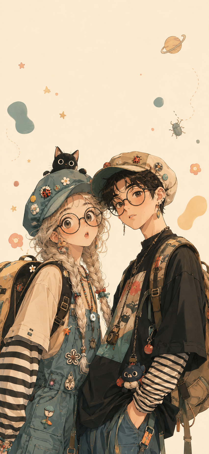 Tall soft-anime wallpaper with two stylish young adult friends wearing oversized round glasses, colorful caps, layered outfits, backpacks, and a tiny black cat.