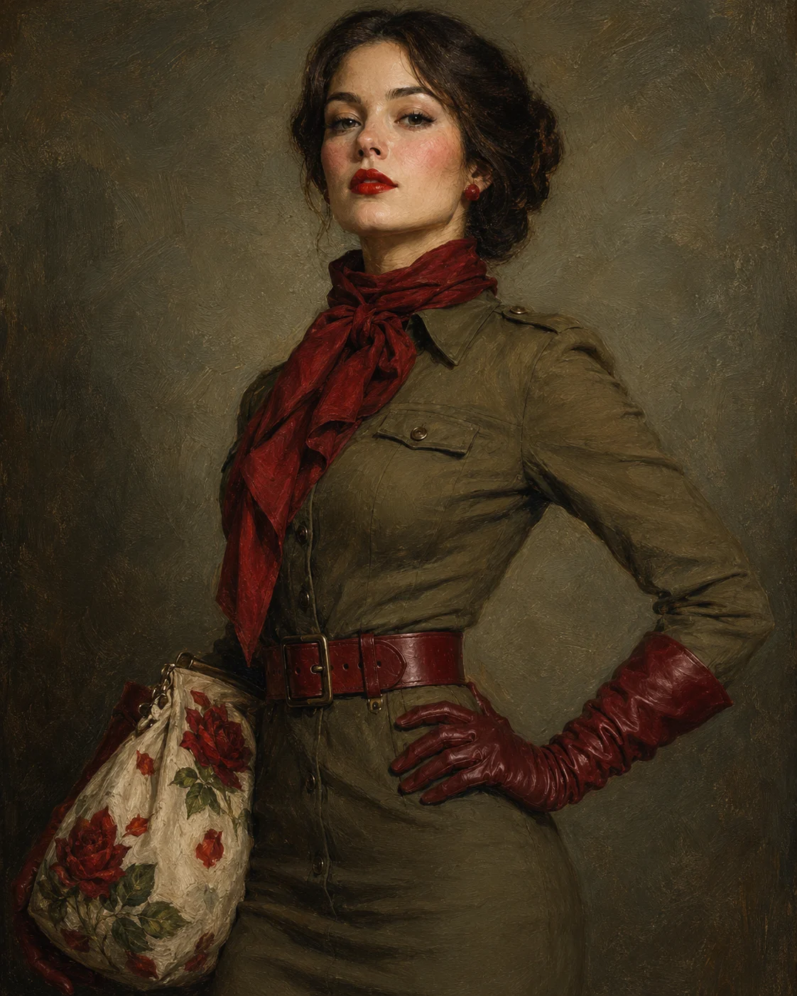Vintage fashion portrait with olive military shirt dress, crimson scarf, red gloves, red belt, and rose-print bag.