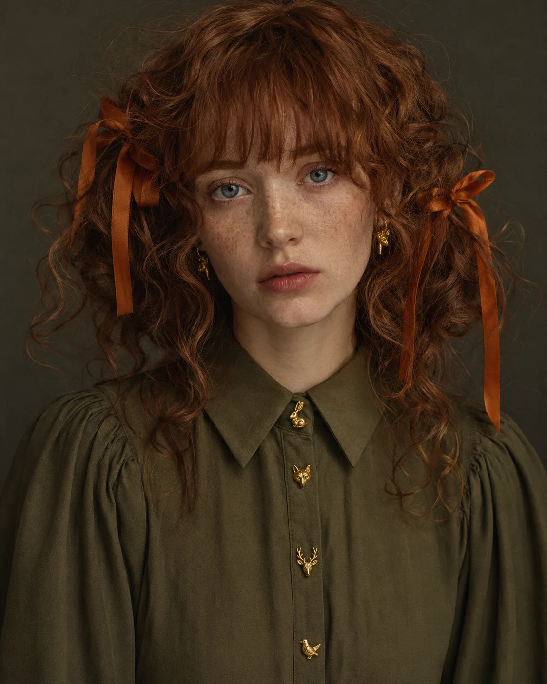 Romantic studio portrait with an olive collared blouse, orange ribbon bows, gold buttons, freckles, and auburn curly hair.