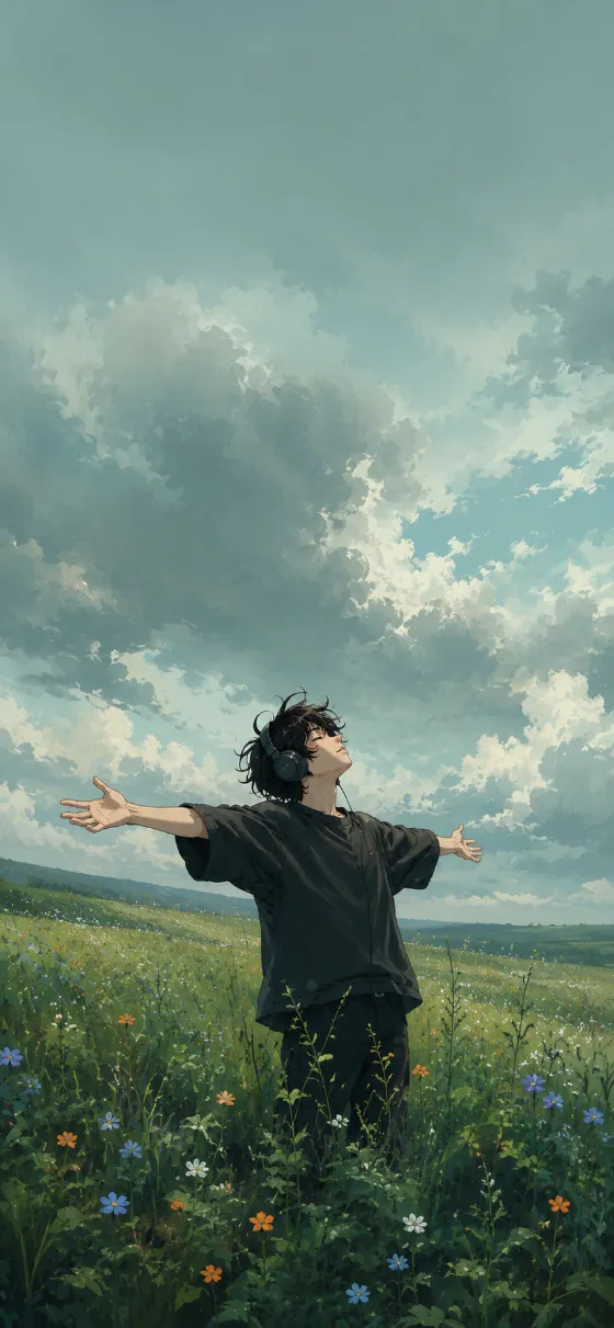 Anime-style character wearing headphones with arms open in a wildflower field beneath a dramatic teal-gray cloudy sky.