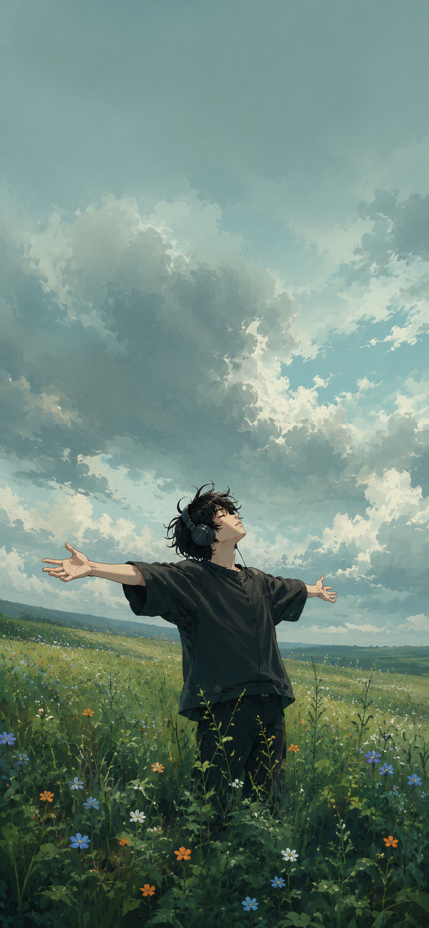 Anime-style character wearing headphones with arms open in a wildflower field beneath a dramatic teal-gray cloudy sky.