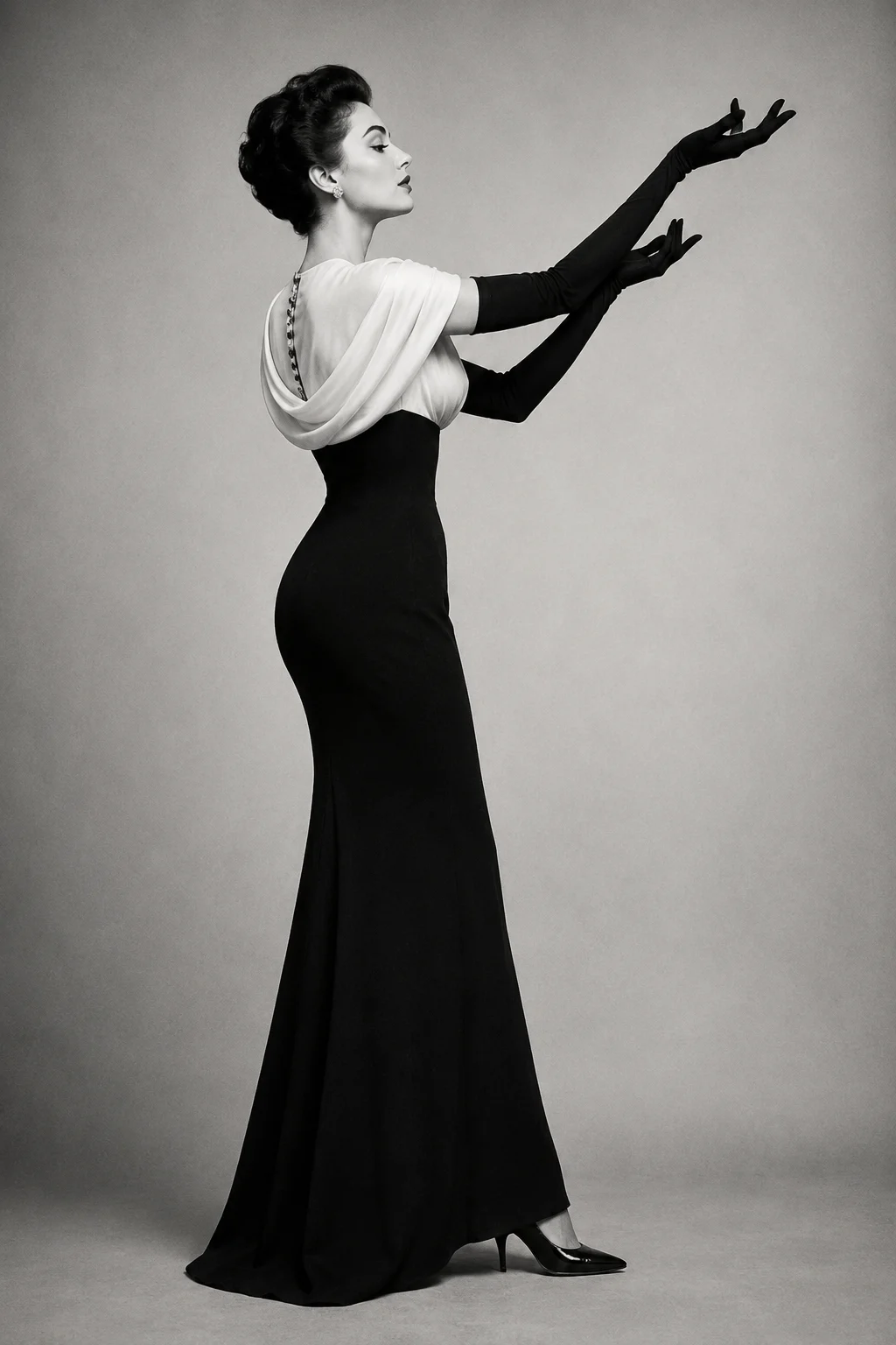 Vintage black-and-white fashion portrait with a fitted black evening dress, pale draped upper bodice, long black opera gloves, and pointed heels.