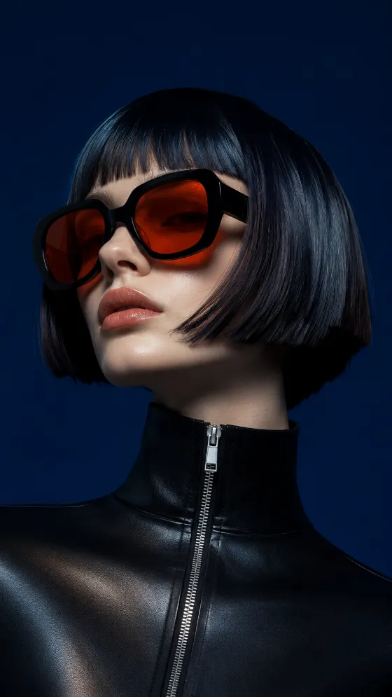 Vertical editorial portrait of a woman with a glossy black bob, orange sunglasses, and a black zippered outfit on a deep navy studio background.