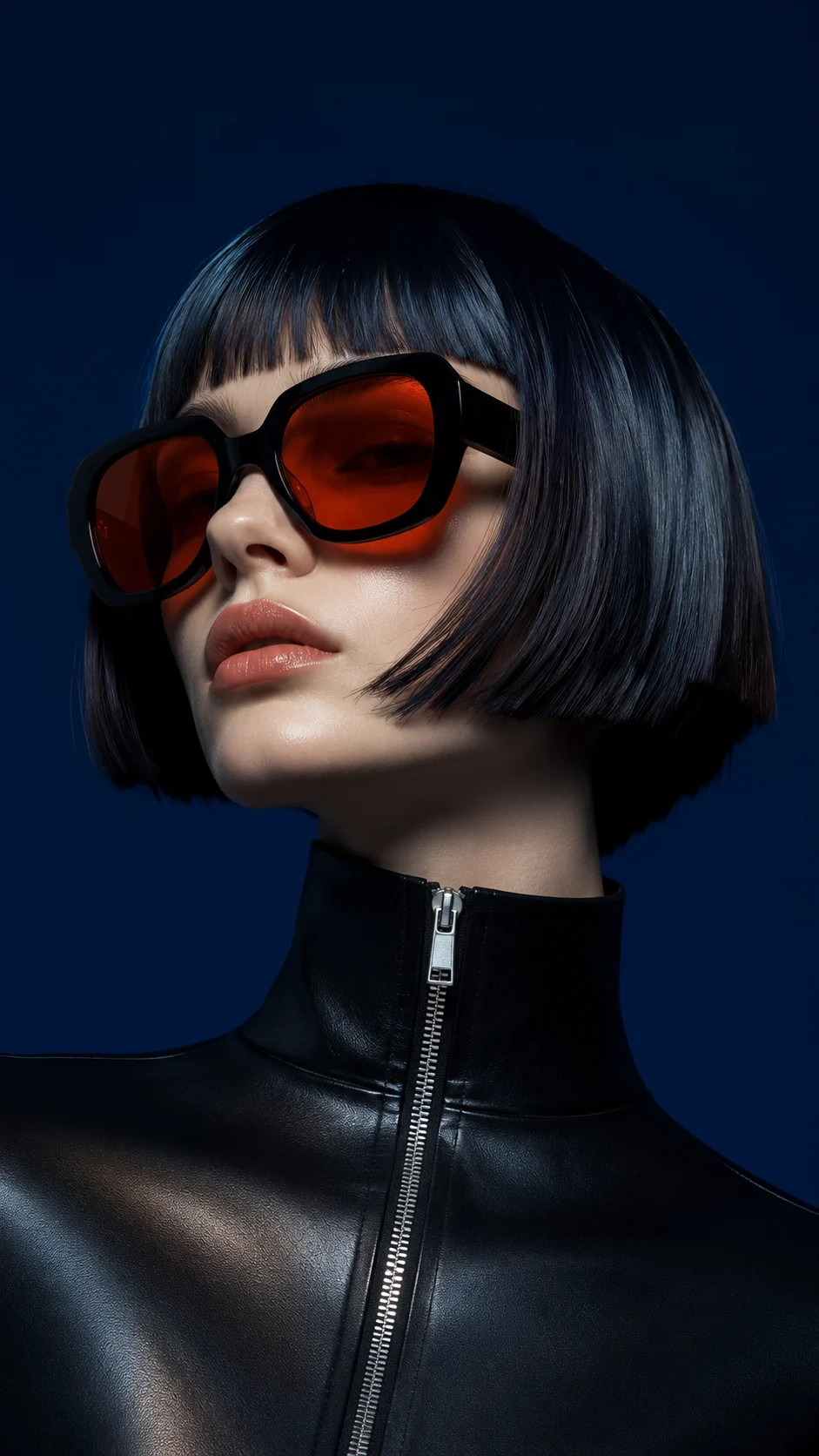 Vertical editorial portrait of a woman with a glossy black bob, orange sunglasses, and a black zippered outfit on a deep navy studio background.