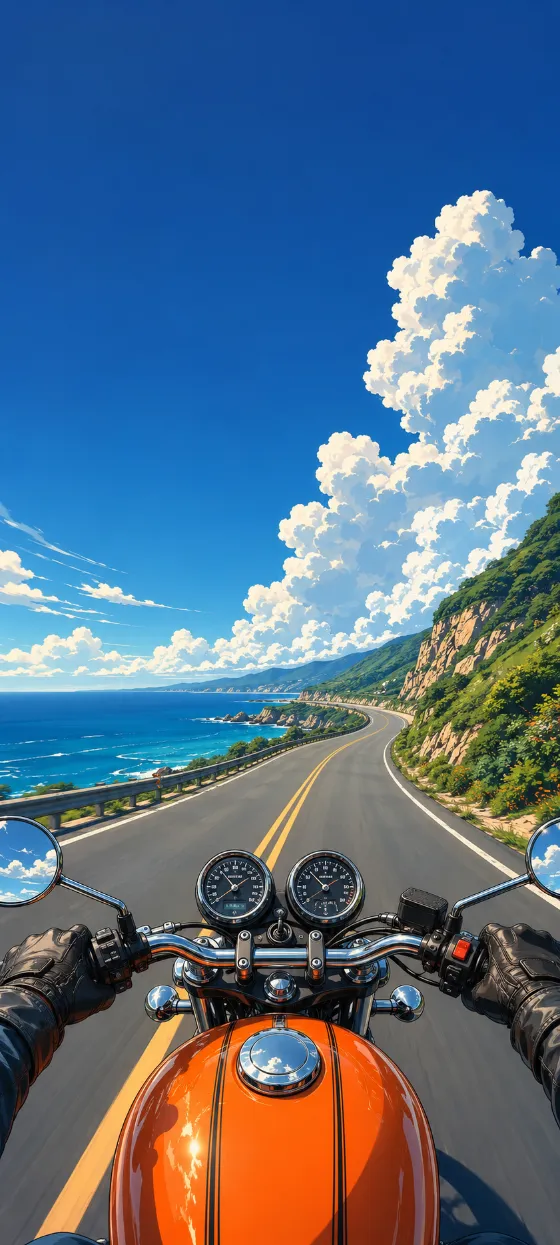 First-person view from an orange motorcycle riding a coastal road under huge white summer clouds in a vivid anime-style illustration.