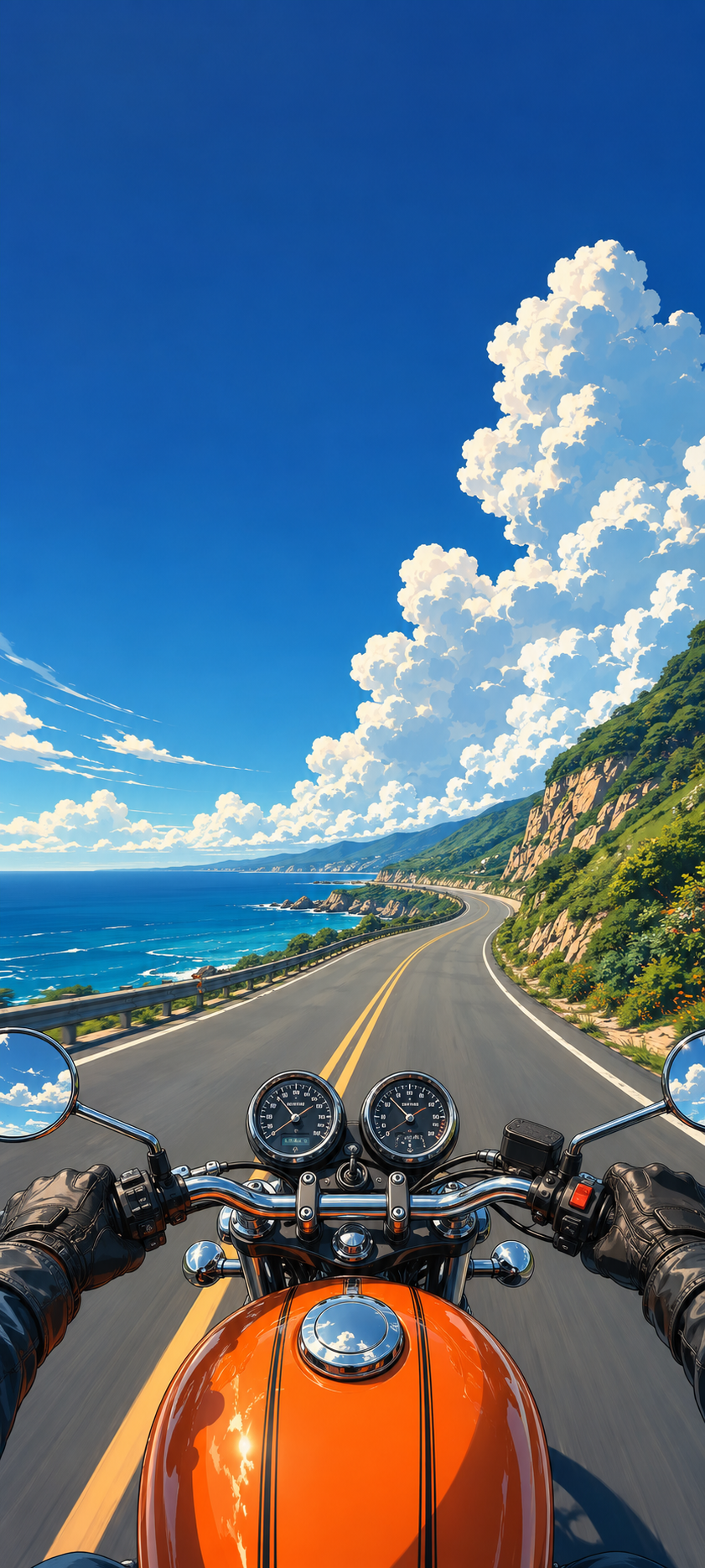 First-person view from an orange motorcycle riding a coastal road under huge white summer clouds in a vivid anime-style illustration.