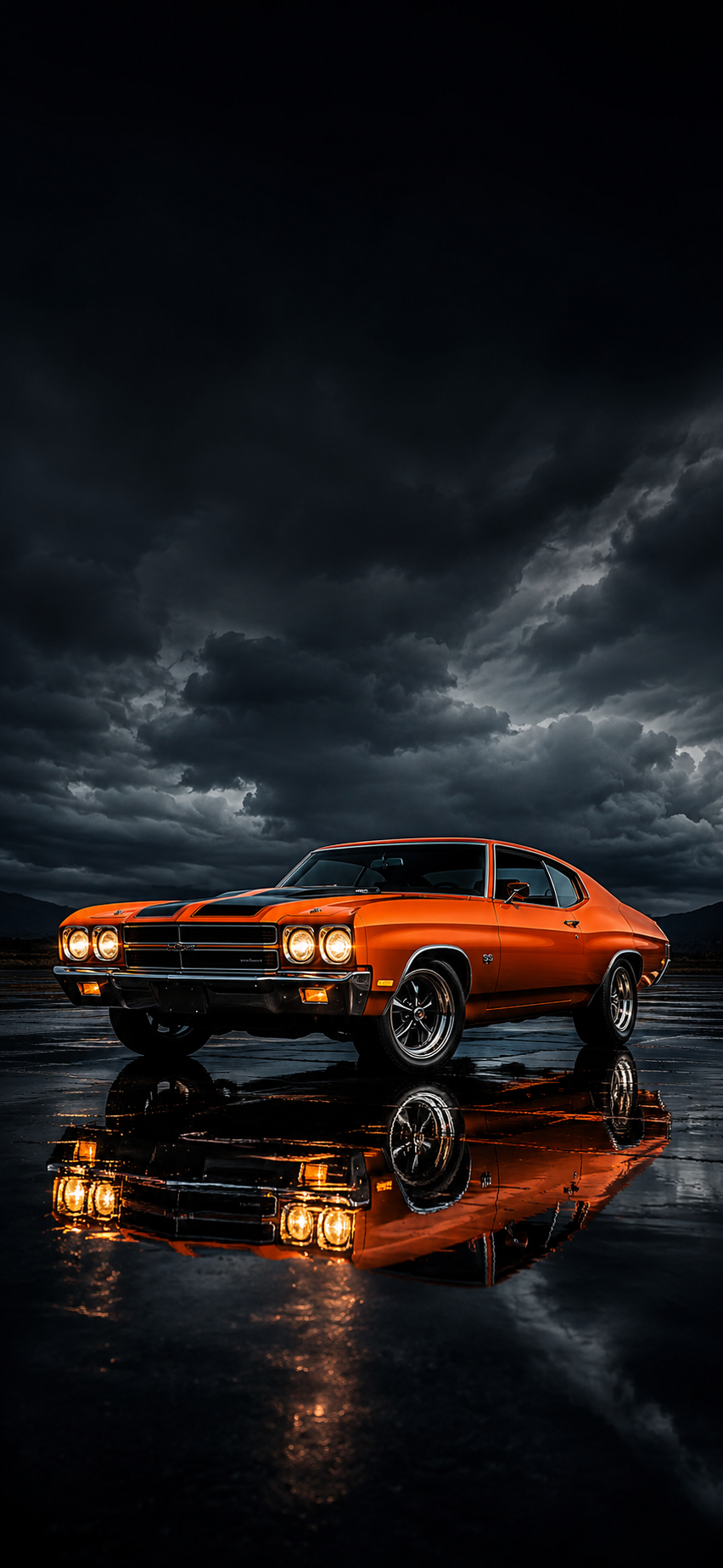 Orange classic muscle car reflected on wet asphalt under dramatic storm clouds.