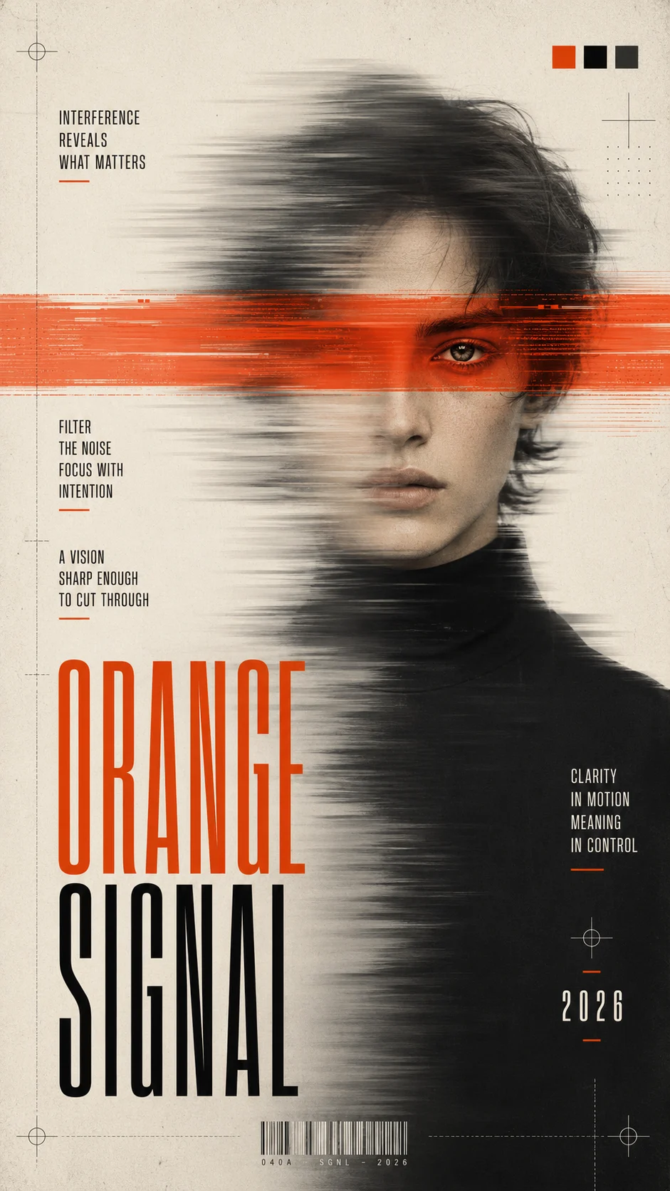 Experimental vertical poster with a blurred portrait, orange eye-level stripe, condensed headline type, registration marks, and warm paper grain.