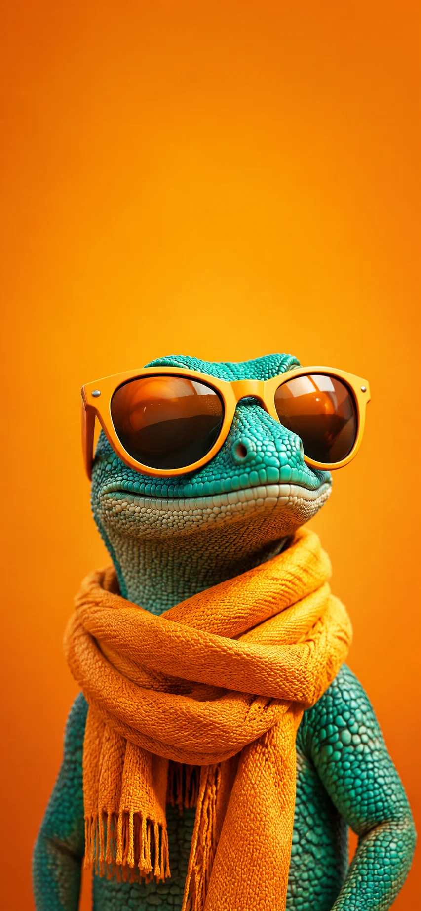 Teal lizard character with orange sunglasses and an orange scarf on a bright orange background.