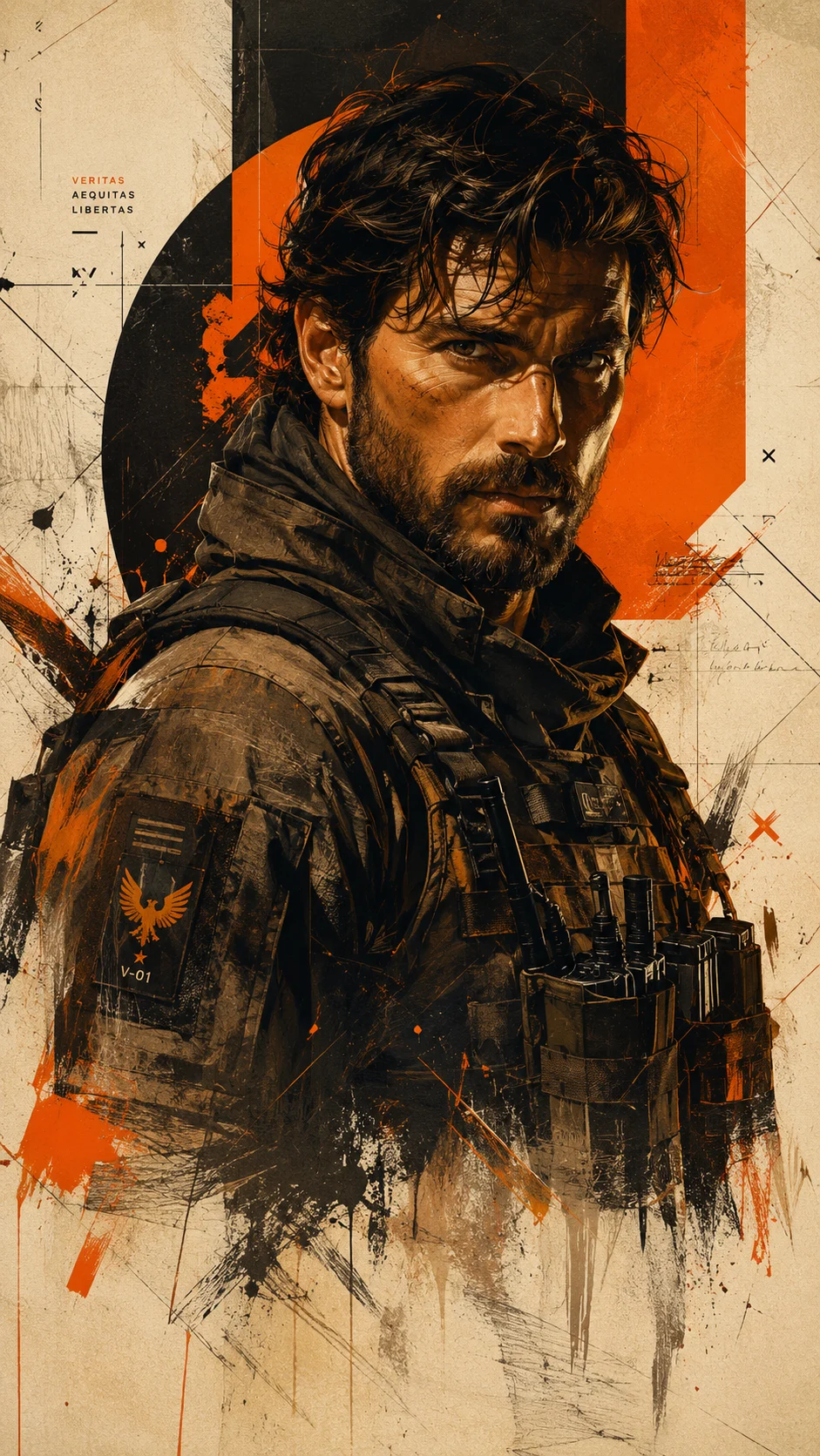 Gritty poster design of a bearded man in tactical gear against orange and black grunge graphics.