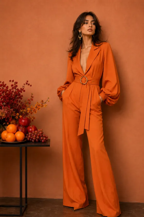 Vertical editorial fashion image of a young Persian woman in a burnt-orange tailored outfit beside a fruit still life table.