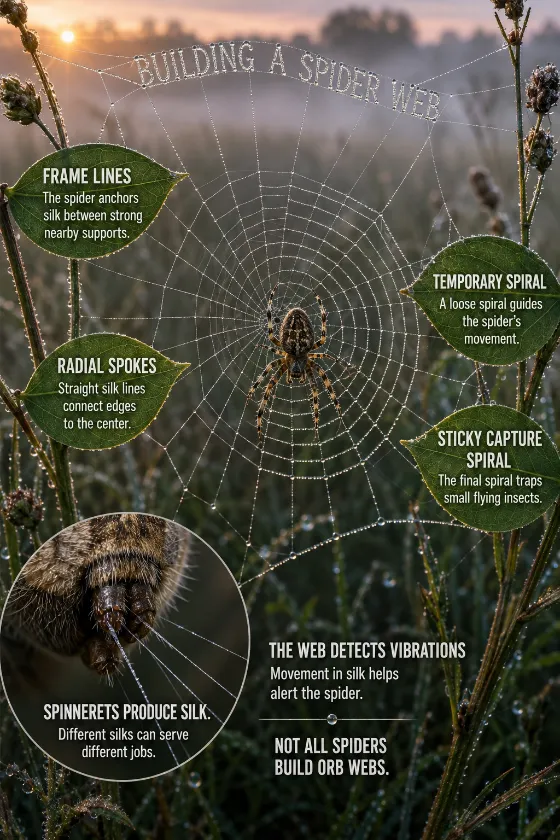 Educational orb-web scene with one spider, dew-covered silk, four construction stages, spinnerets, vibration note, and meadow plants.