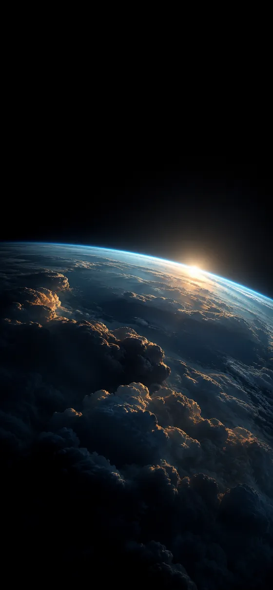Cinematic orbital view of a blue planet curve with glowing clouds and a bright solar flare against deep black space.