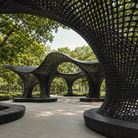 of a black perforated lattice pavilion with sweeping arches and integrated seating in a leafy park.