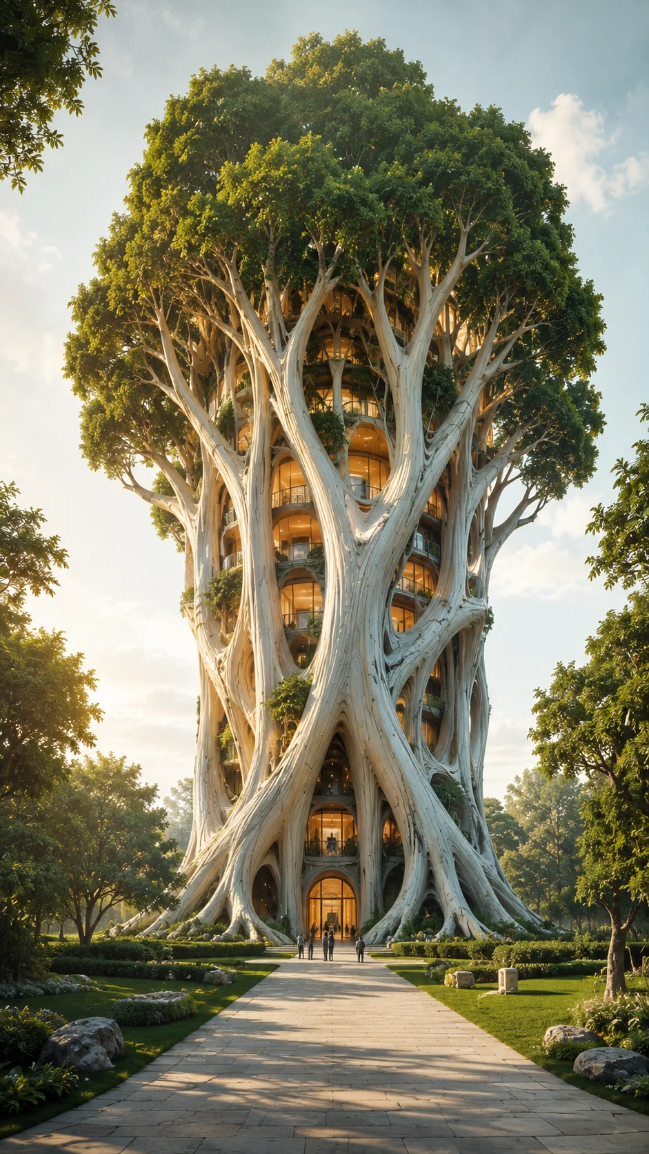 Tree-like architectural tower with branching ivory structure, warm windows, green foliage, and a park path.