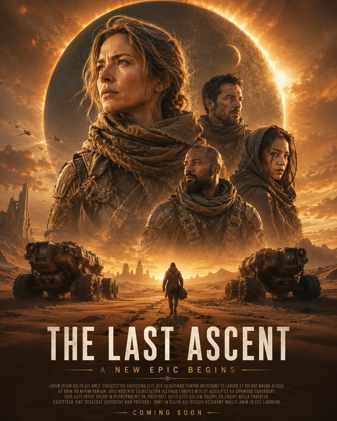 Original cinematic desert science fiction poster with eclipse, lone traveler, and ensemble montage.